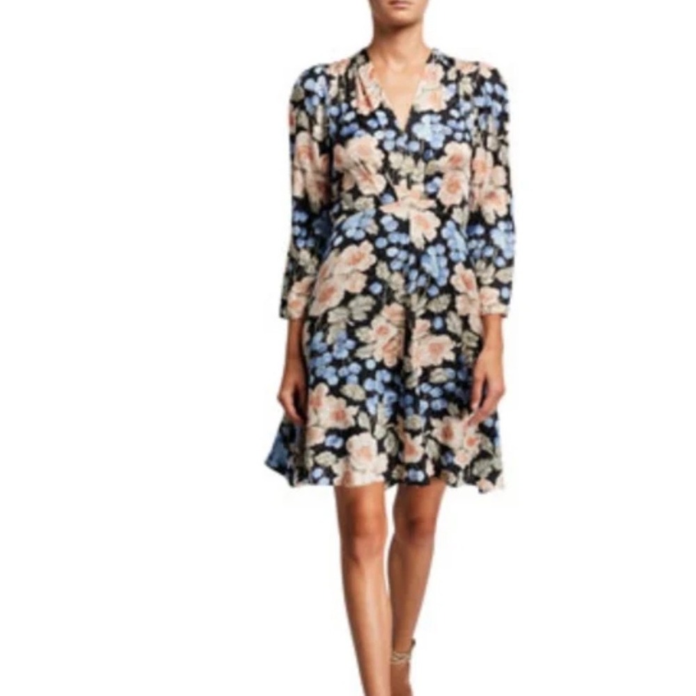 Rebecca Taylor Silk‎ Blend Floral V-Neck Mini Dress Blue Peach Black MSRP:$395